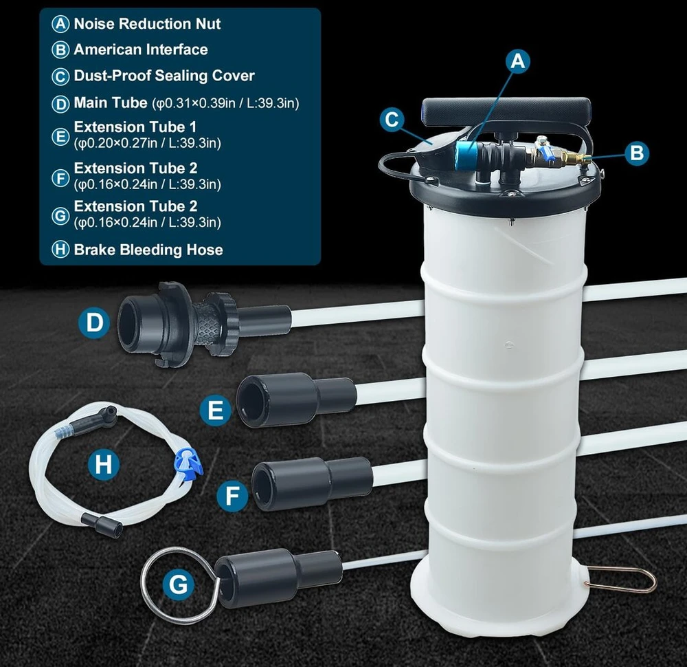 Zoomtools 6.5 l vakuuminis rankinis/pneumatinis alyvos ištraukimo įrenginys, alyvos keitimo siurblys, skysčio ištraukimo siurblys su 5 žarnelėmis (rankinis ir pneumatinis)