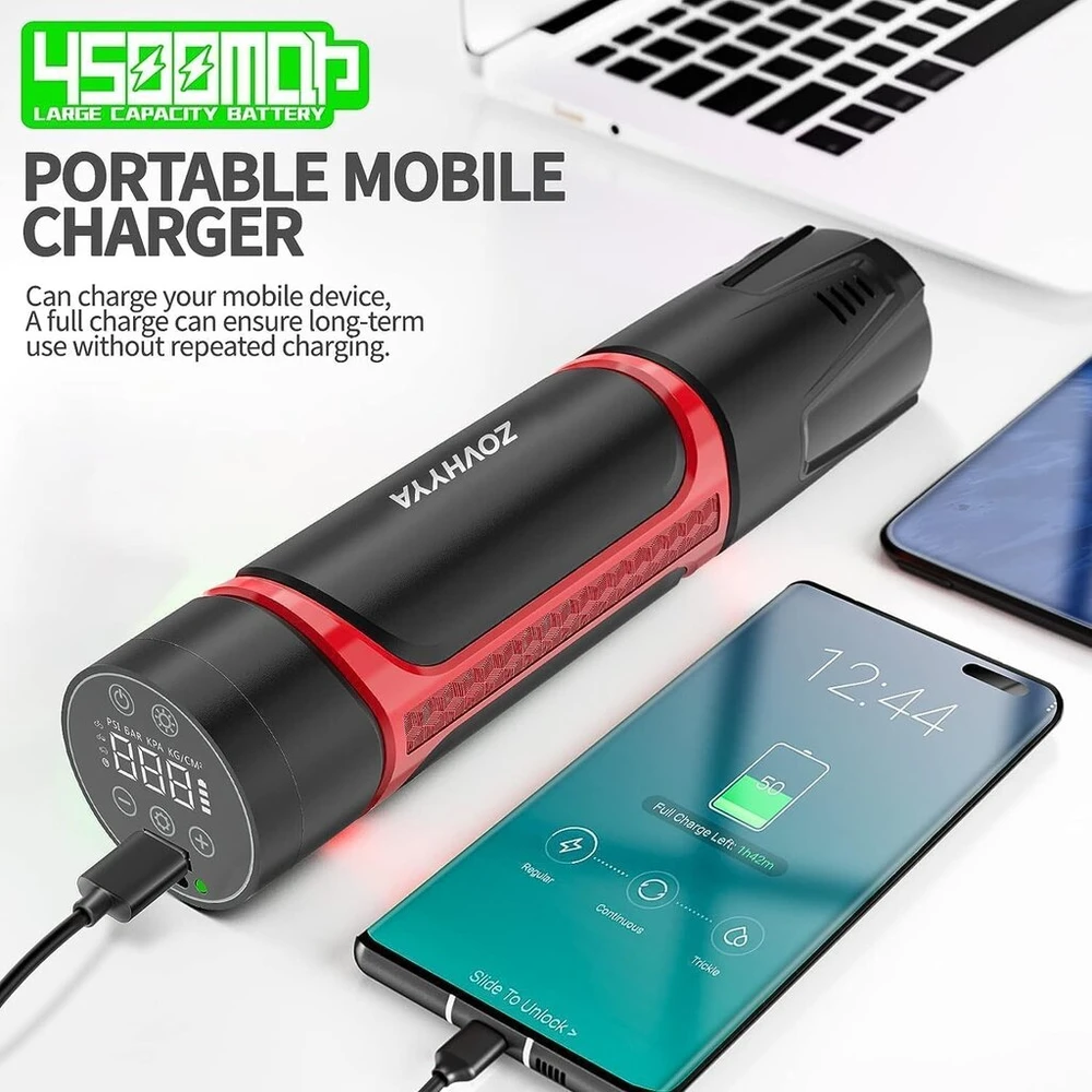 Zovhyya akumuliatorinis oro siurblys 150 Psi elektrinis oro siurblys 4500 Mah mini oro kompresorius Usb Type C įvestis dviračio siurblys su skaitmeniniu Led apšvietimu automobiliui motociklui kamuoliui