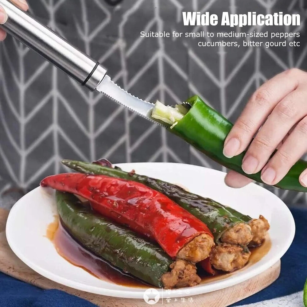 Zucchini hollow, nerūdijančio plieno zucchini šerdies išėmėjas, pipirų šerdies išėmėjas, šerdies išėmėjas vaisiams ir daržovėms, nerūdijančio plieno čili sėklų valiklis, sėklų valiklis arba daržovių galiukų pjaustytuvas