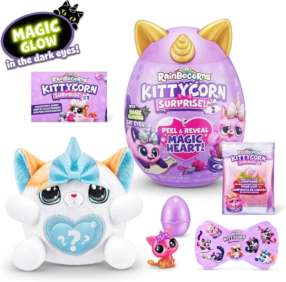 Zurutoys Rainbocorns Kittycorn Surprise Series 7 Exotic Cat - kolekcinis pliušinis žaislas - 10 staigmenų, kurias reikia išpakuoti, nulupti ir atskleisti širdelių lipdukus, amžius 3+ (exotic Cat)