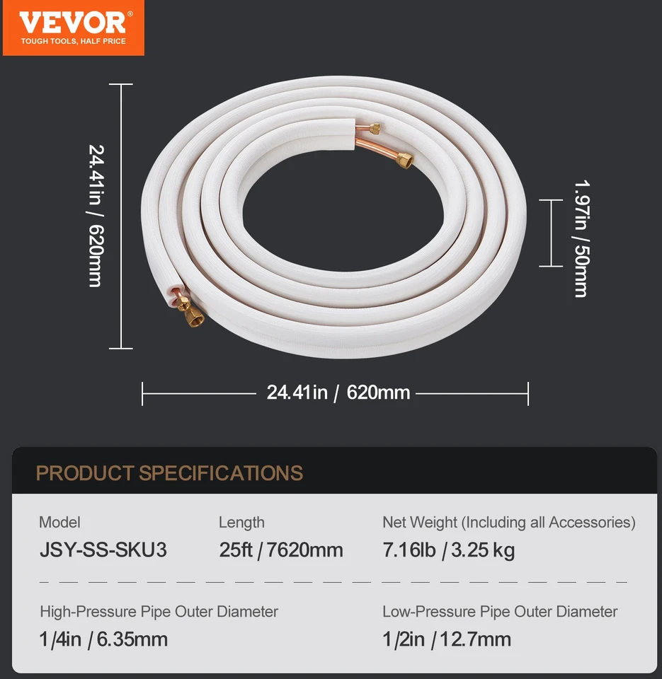 VEVOR 7620 mm mini split vamzdynų komplektas, varis ir izoliacija