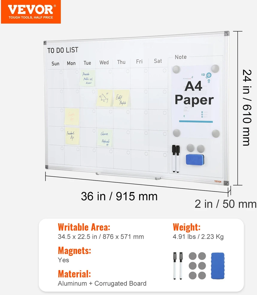 VEVOR Kalendorinė lenta 915x610x50 mm, magnetinė sausai valoma kalendorinė lenta, mėnesio planavimo lenta, biuro lenta
