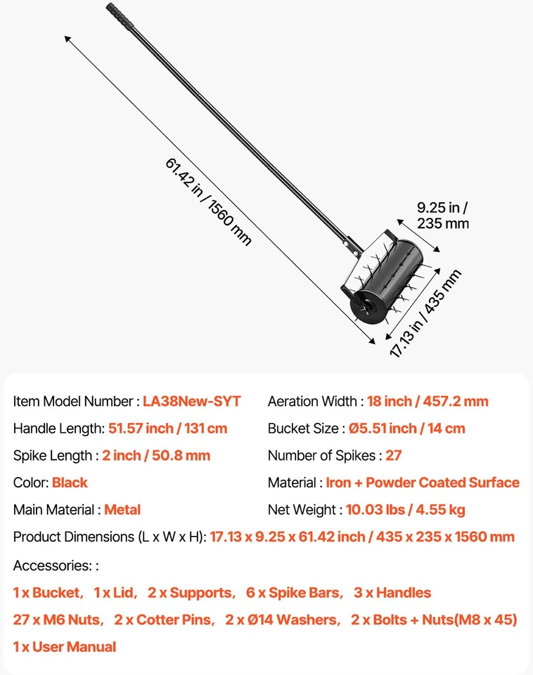 VEVOR Vejos aeratorius su voleliu 45 cm