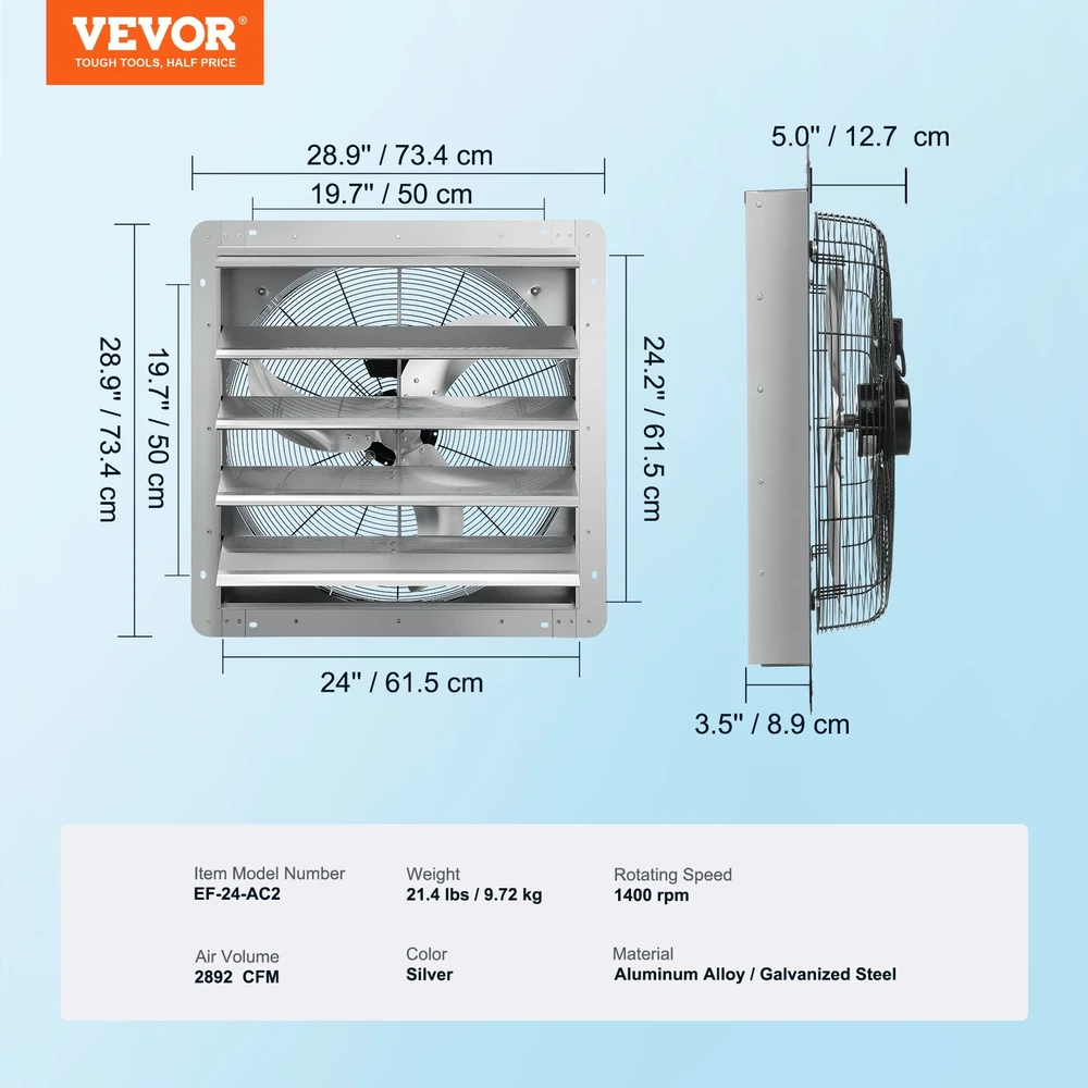 VEVOR sieninis ištraukimo ventiliatorius su žaliuzėmis 610 mm