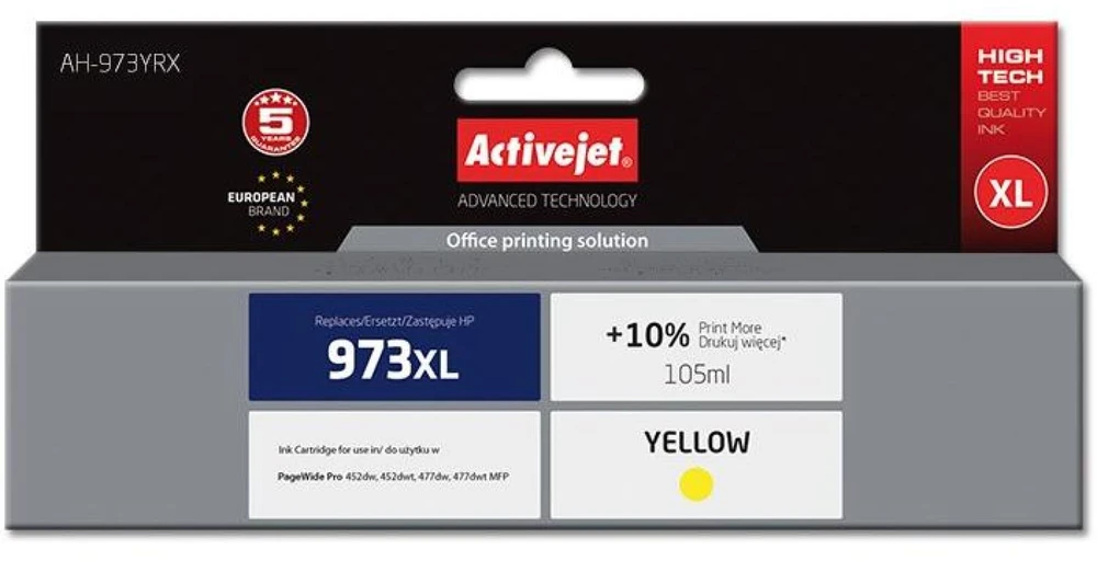Rašalo kasetė Activejet AH-973YRX (pakaitinė HP 973XL F6T83AE, Premium, 105 ml, geltona)