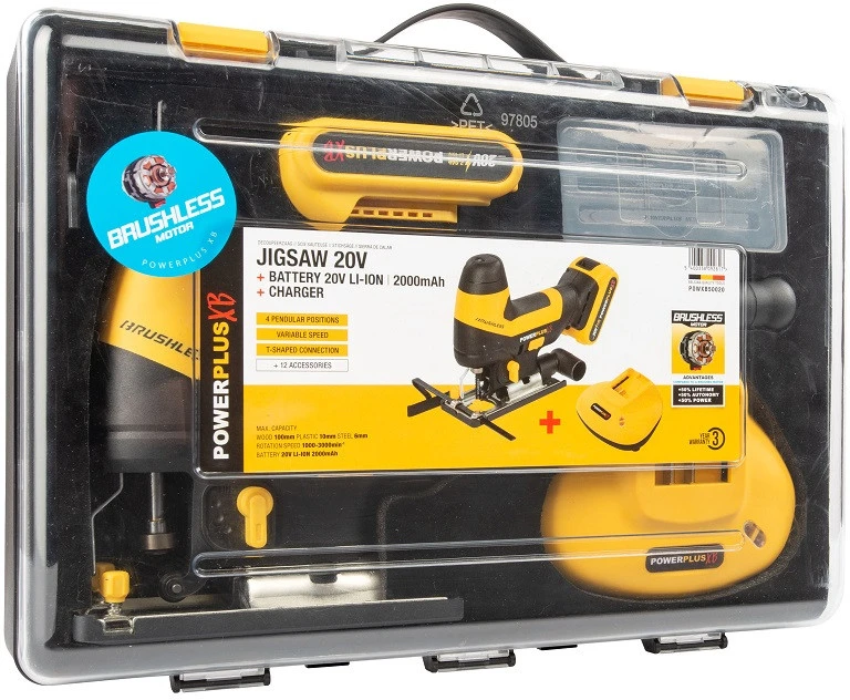 Akumuliatorinis siaurapjūklis bešepetėliniu varikliu, 20V 1x2,0Ah, POWXB50020 POWERPLUS XB