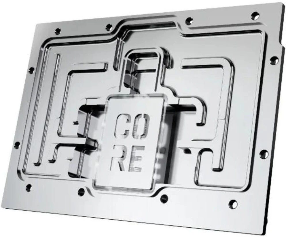 „Alphacool Core RX 9070 Steel Legend“ vaizdo plokštės vandens blokas, ARGB, su galine plokšte – akrilas
