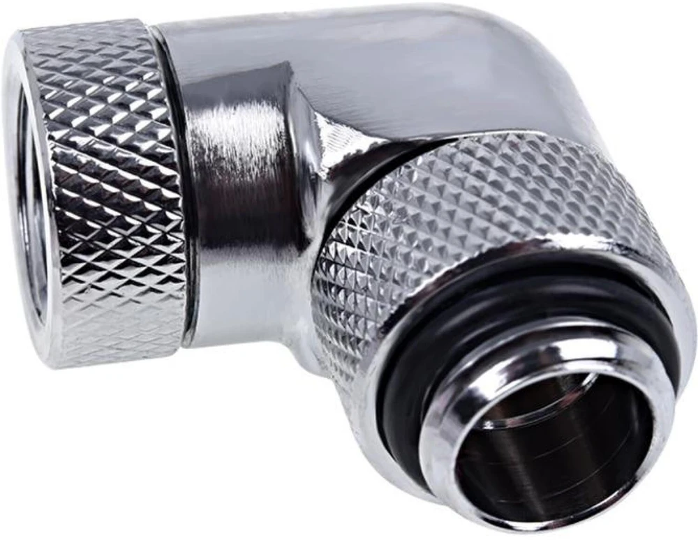 „Alphacool Eiszapfen“ 90 laipsnių pasukamas kampinis adapteris G1/4 lizdas į G1/4 lizdą, chromuotas