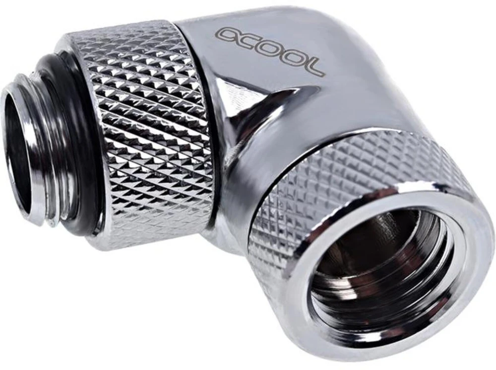 „Alphacool Eiszapfen“ 90 laipsnių pasukamas kampinis adapteris G1/4 lizdas į G1/4 lizdą, chromuotas