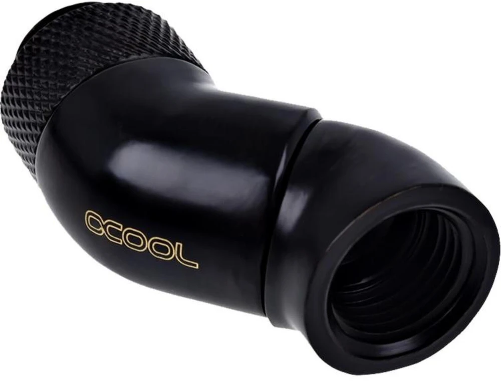 „Alphacool“ kampinis adapteris, 45 laipsnių dvigubai pasukamas, G1/4 lizdas į G1/4 lizdą, juodas