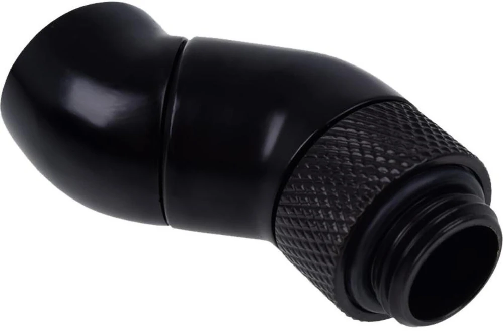 „Alphacool“ kampinis adapteris, 45 laipsnių dvigubai pasukamas, G1/4 lizdas į G1/4 lizdą, juodas