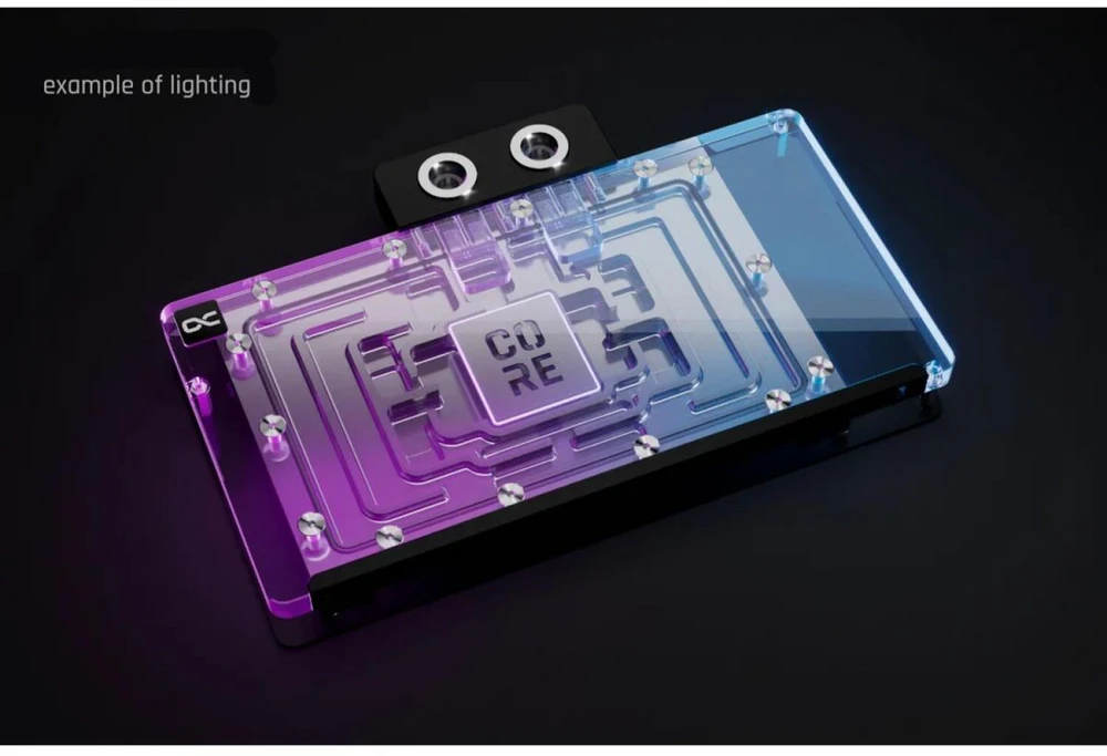 „Alphacool Core GeForce RTX 5090 Solid/AMP GPU Vanduo Block“, ARGB, su galine plokšte – akrilas