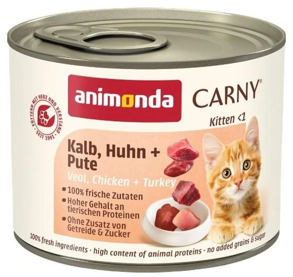 Animonda Carny kitten 200g jaunų kačių konservai su veršiena, vištiena ir kalakutiena