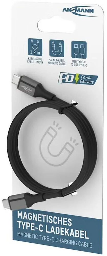 Ansmann kabelis 1700-0204, USB-C į USB-C, 1.2m, 60W, magnetinis, silikoninis, juodas
