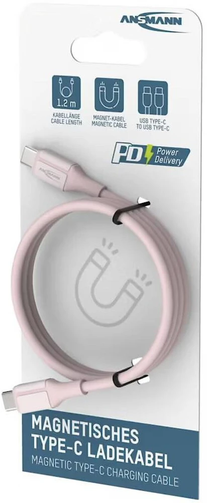 Ansmann kabelis 1700-0205, USB-C į USB-C, 1.2m, 60W, magnetinis, silikoninis, rožinis