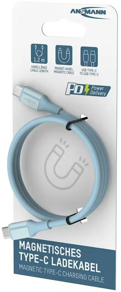 Ansmann kabelis USB-C į USB-C 1700-0202, 1.2m, 60W, magnetinis, silikoninis, mėlynas