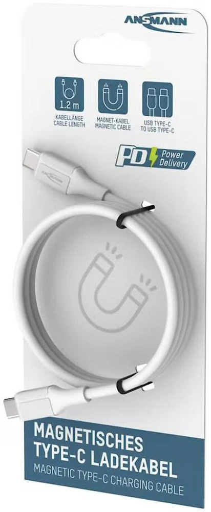 Ansmann kabelis USB-C į USB-C 1700-0203, 1.2m, 60W, magnetinis, silikoninis, baltas