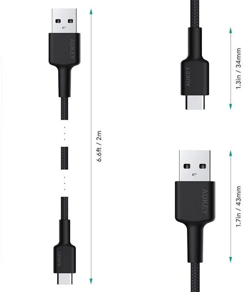 Aukey CB-CA2 OEM kabelis USB-C - USB-A 2m 60W PD 3A 20V FCP AFC nylonowy oplot juoda