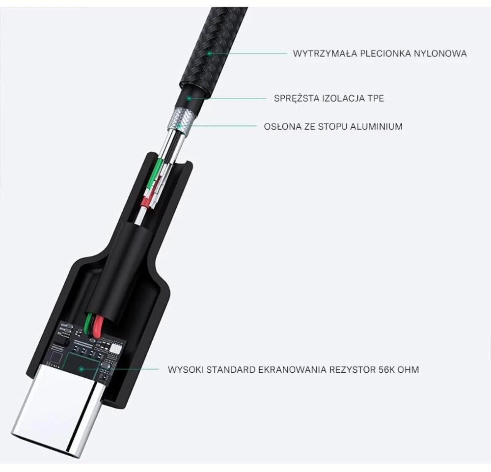 Aukey CB-CA2 OEM kabelis USB-C - USB-A 2m 60W PD 3A 20V FCP AFC nylonowy oplot juoda