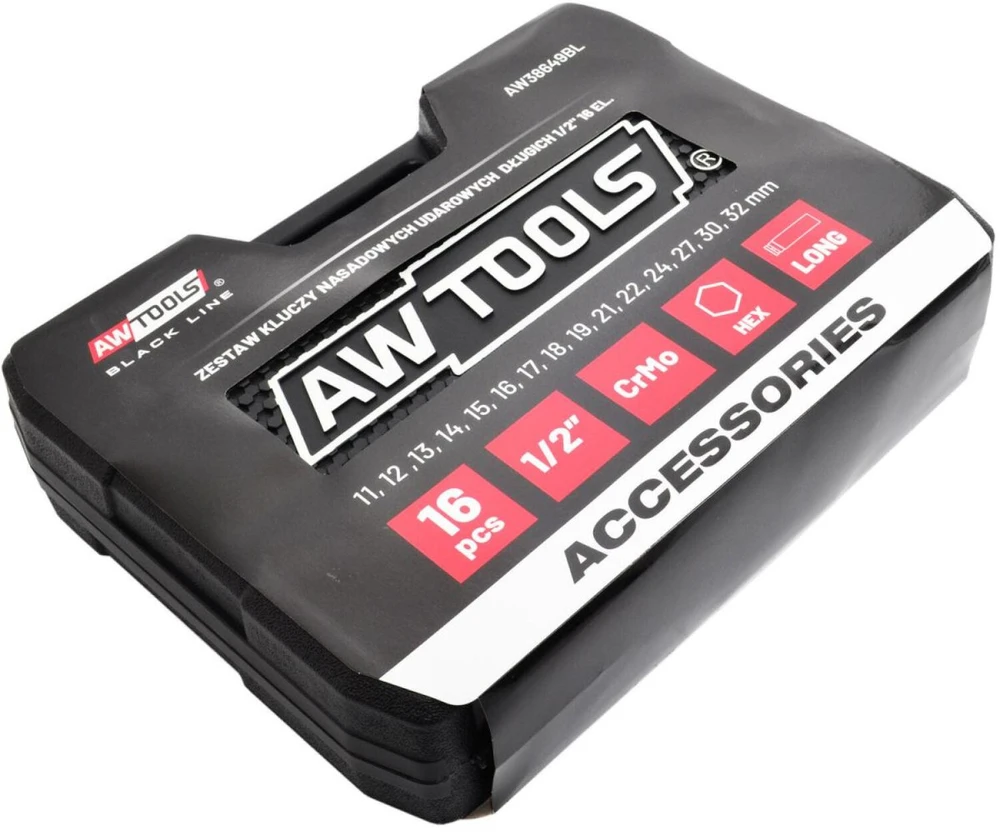 AW-Tools AWTOOLS SMŪGINIŲ GALVUČIŲ RINKINYS 1/2″ 16 vnt. 11-32mm ILGOS Juodas LINE