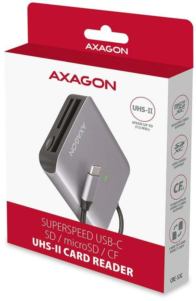 Axagon aliuminio didelės spartos USB-C 3.2 Gen 1 atminties kortelių skaitytuvas. 3 lizdai, UHS-II.