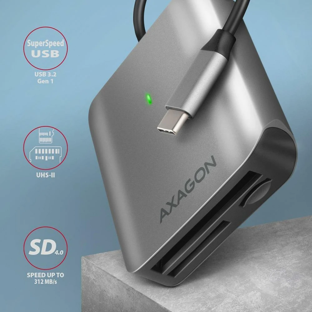 Axagon aliuminio didelės spartos USB-C 3.2 Gen 1 atminties kortelių skaitytuvas. 3 lizdai, UHS-II.