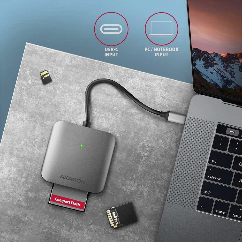 Axagon aliuminio didelės spartos USB-C 3.2 Gen 1 atminties kortelių skaitytuvas. 3 lizdai, UHS-II.