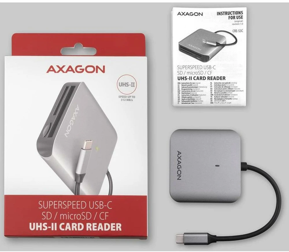 Axagon aliuminio didelės spartos USB-C 3.2 Gen 1 atminties kortelių skaitytuvas. 3 lizdai, UHS-II.