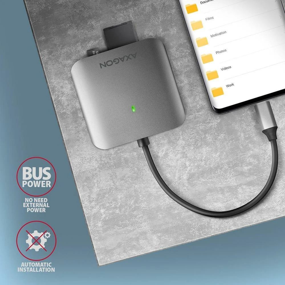 Axagon aliuminio didelės spartos USB-C 3.2 Gen 1 atminties kortelių skaitytuvas. 3 lizdai, UHS-II.