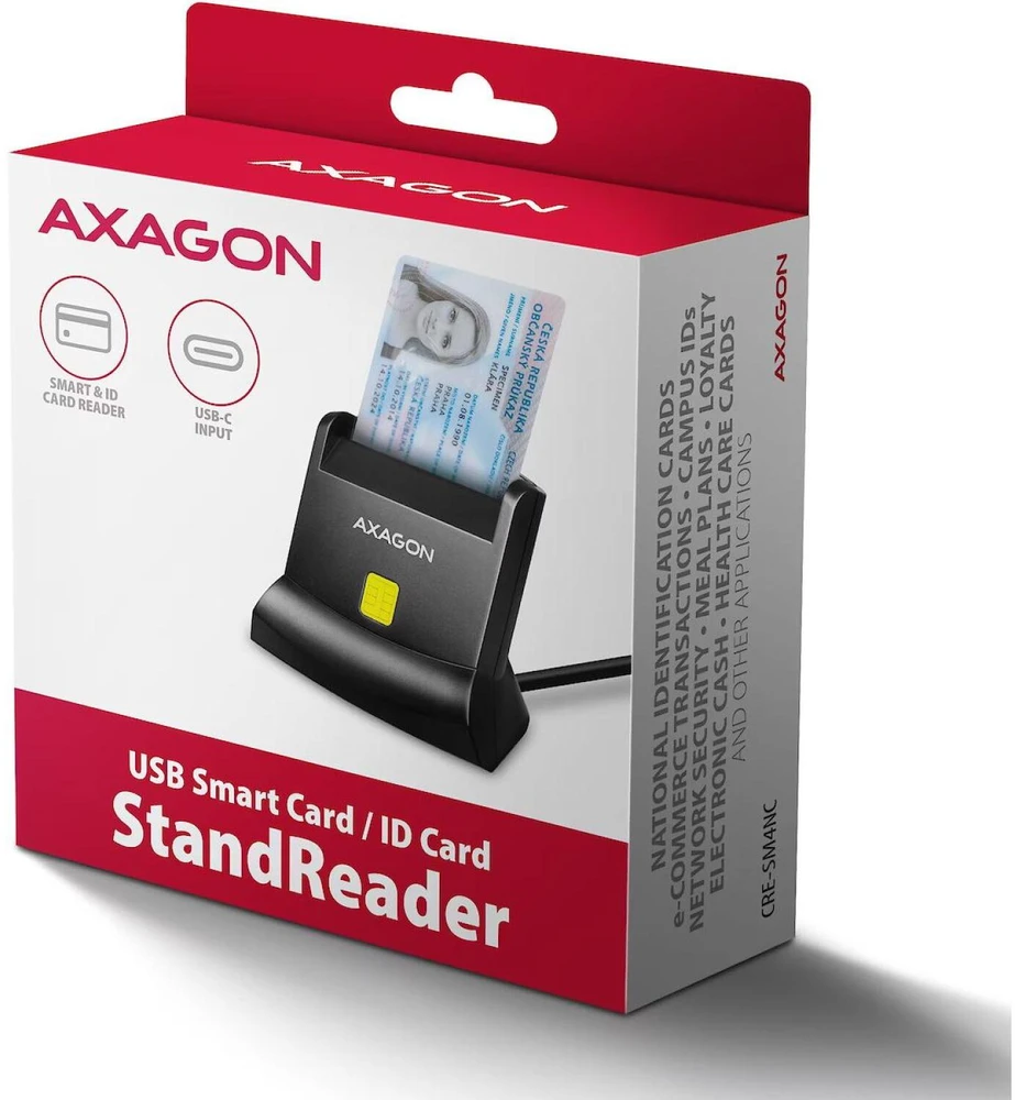 „Axagon CRE-SM4NC“ USB-C išmaniųjų kortelių skaitytuvas. Universalus stalinis USB kontaktinis išmaniųjų ID kortelių skaitytuvas su ilgu USB-C laidu.