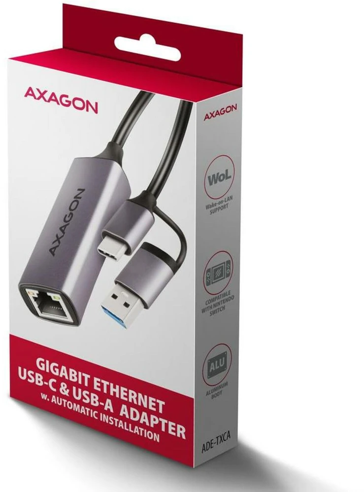 Axagon ADE-TXCA Karta jungiama į tinklą Gigabit Ethernet adapter, USB-C (USB-A redukcja) 3.2 Gen 1, instalacja automatinė