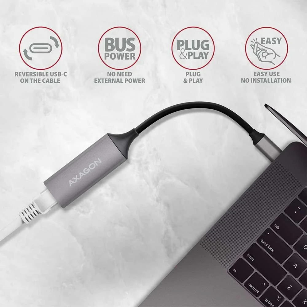 AXAGON ADE-TRC Type-C USB3.2 Gen 1 - Gigabit Ethernet 10/100/1000 Adapteriai, metalas, titan pilkas