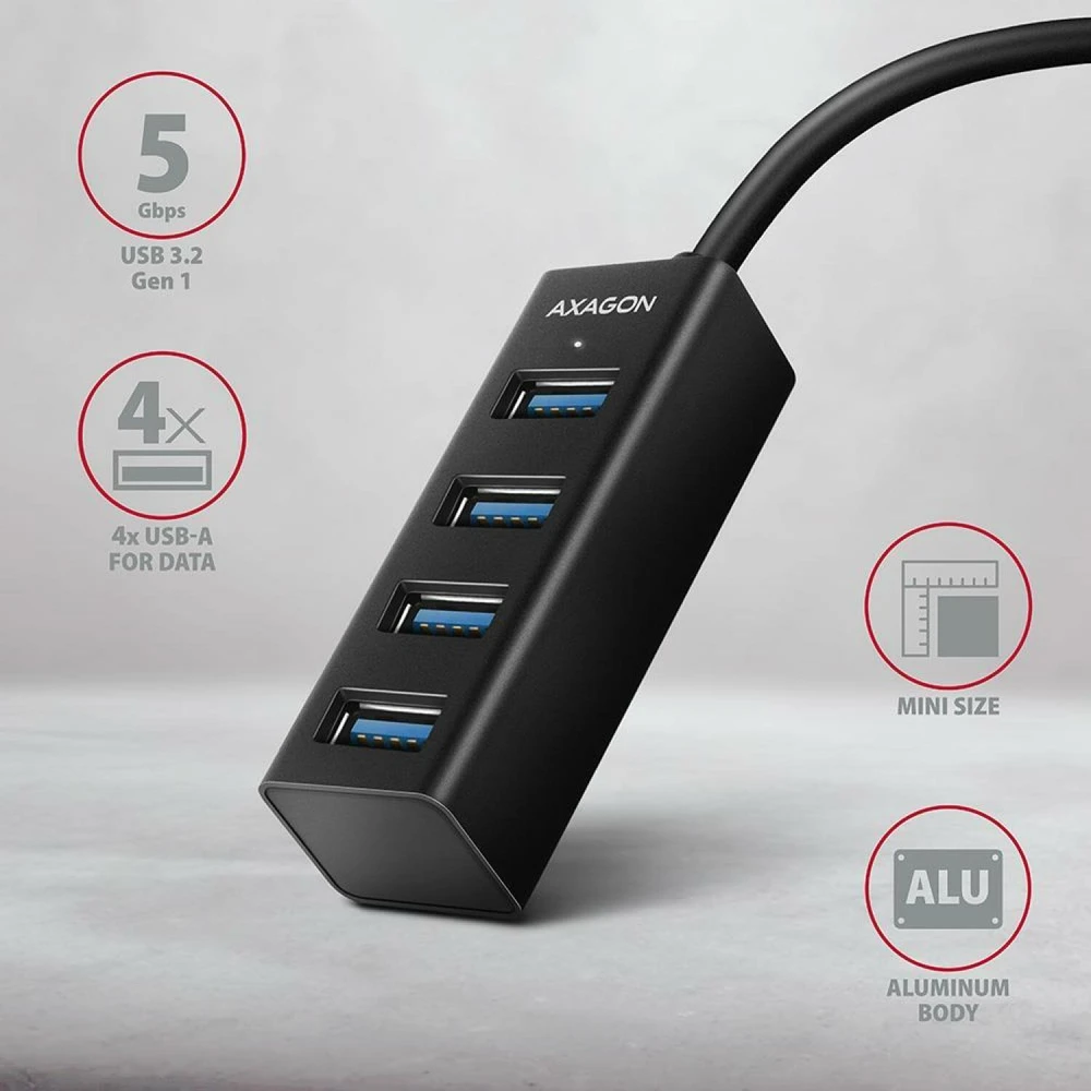AXAGON Miniatiūrinis metalinis keturių prievadų USB 3.2 Gen 1 šakotuvas | HUE-M1A