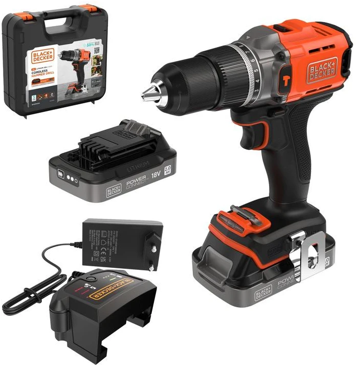 Black & Decker „Juodas & Decker“ Juodas ir DECKER 18 V gręžtuvas-suktuvas su 2 x 2,0 Ah baterijomis | BCD383D2XK-QW