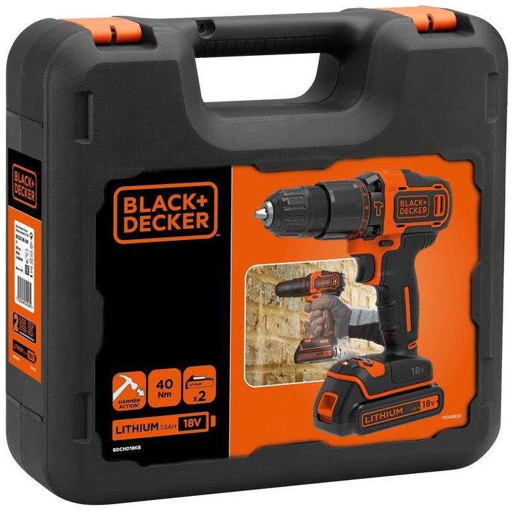 Black & Decker Juodas & Decker Gręžimo mašina Juodas & Decker 18 V 2 x 2 Ah baterija