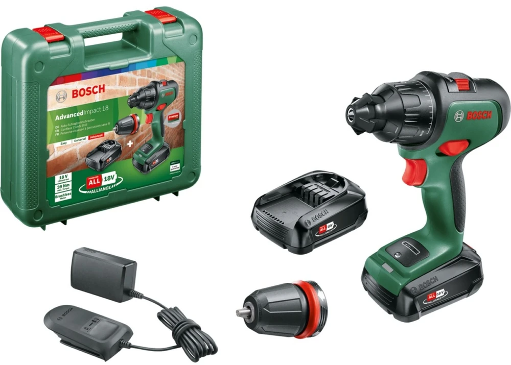 Bosch Akumuliatorinis smūginis suktuvas - gręžtuvas AdvancedImpact 18 (grün/juodas, 2x Li-Ionen Akku 1,5Ah, Koffer, POWER FOR ALL ALLIANCE)