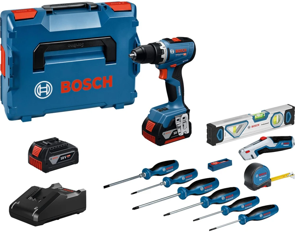 BOSCH PRO GSR 18V-65 + 2× GBA 18V 5.0Ah + GAL 18V-40 + 19-piece hand tool set (0.615.A50.07K)
