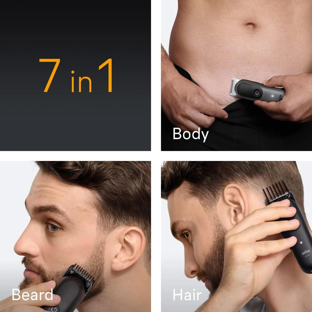 Braun AIO5520 plaukų ir barzdos kirpimo mašinėlė, 7-in-1, 14 ilgio pakopų, 0.5-21mm, 120min, Li-Ion, vandeniui atspari