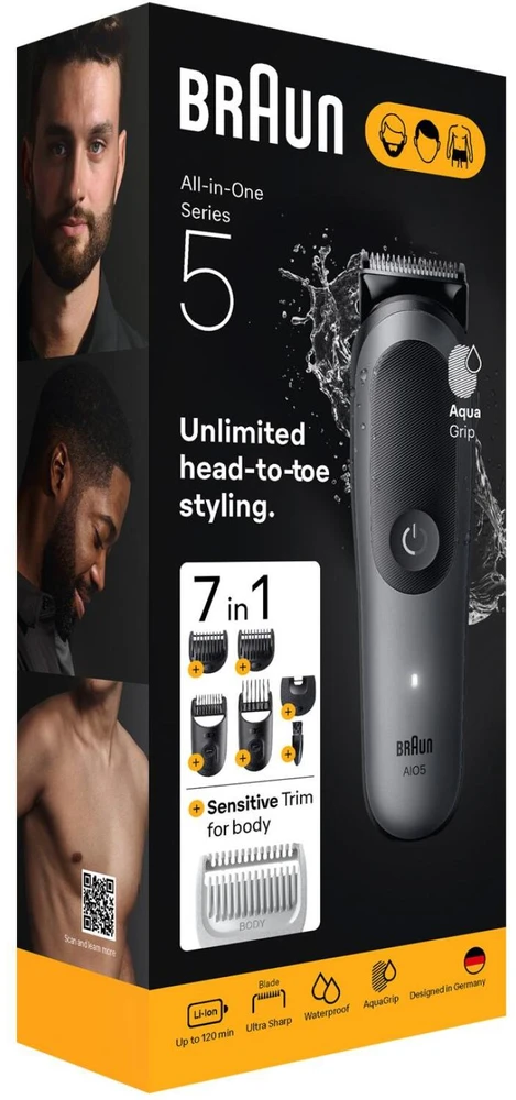 Braun AIO5520 plaukų ir barzdos kirpimo mašinėlė, 7-in-1, 14 ilgio pakopų, 0.5-21mm, 120min, Li-Ion, vandeniui atspari