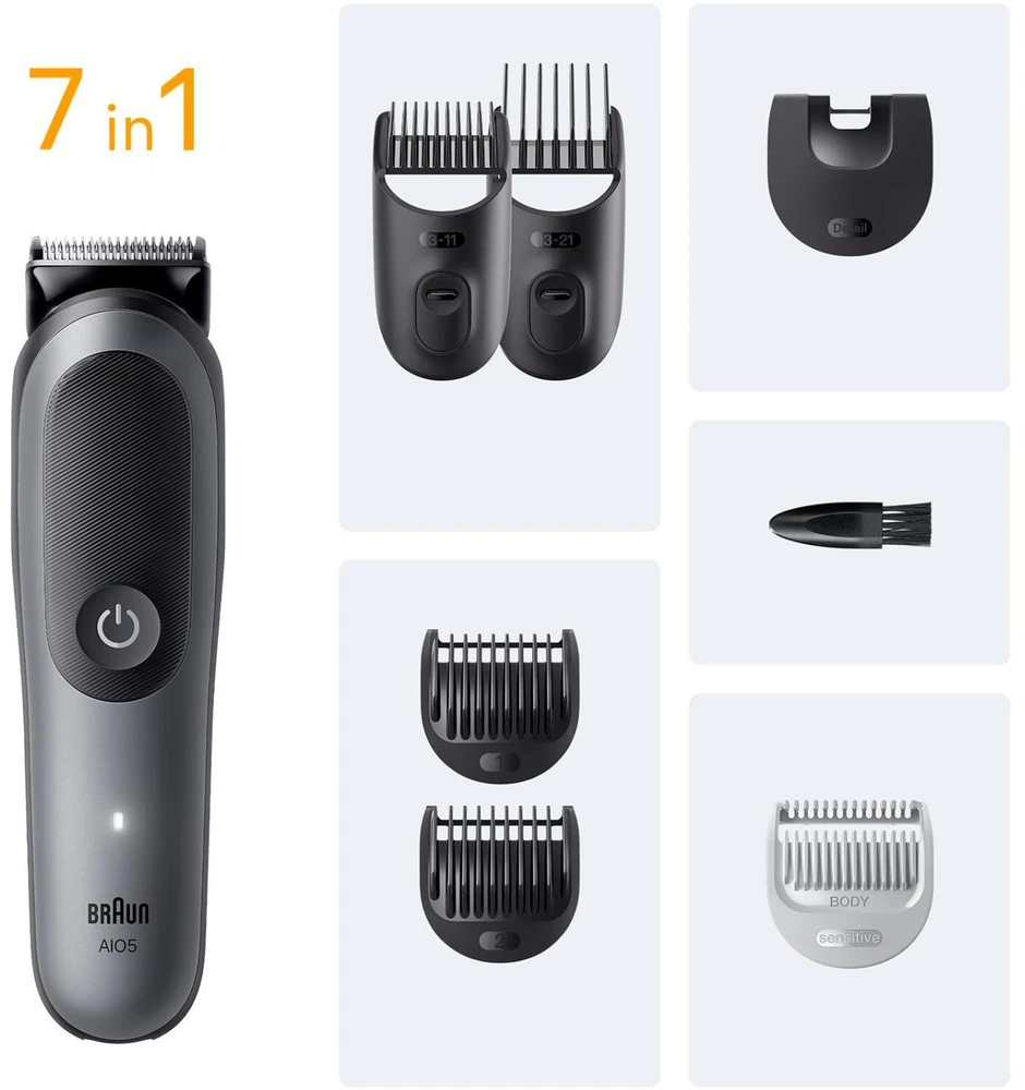 Braun AIO5520 plaukų ir barzdos kirpimo mašinėlė, 7-in-1, 14 ilgio pakopų, 0.5-21mm, 120min, Li-Ion, vandeniui atspari