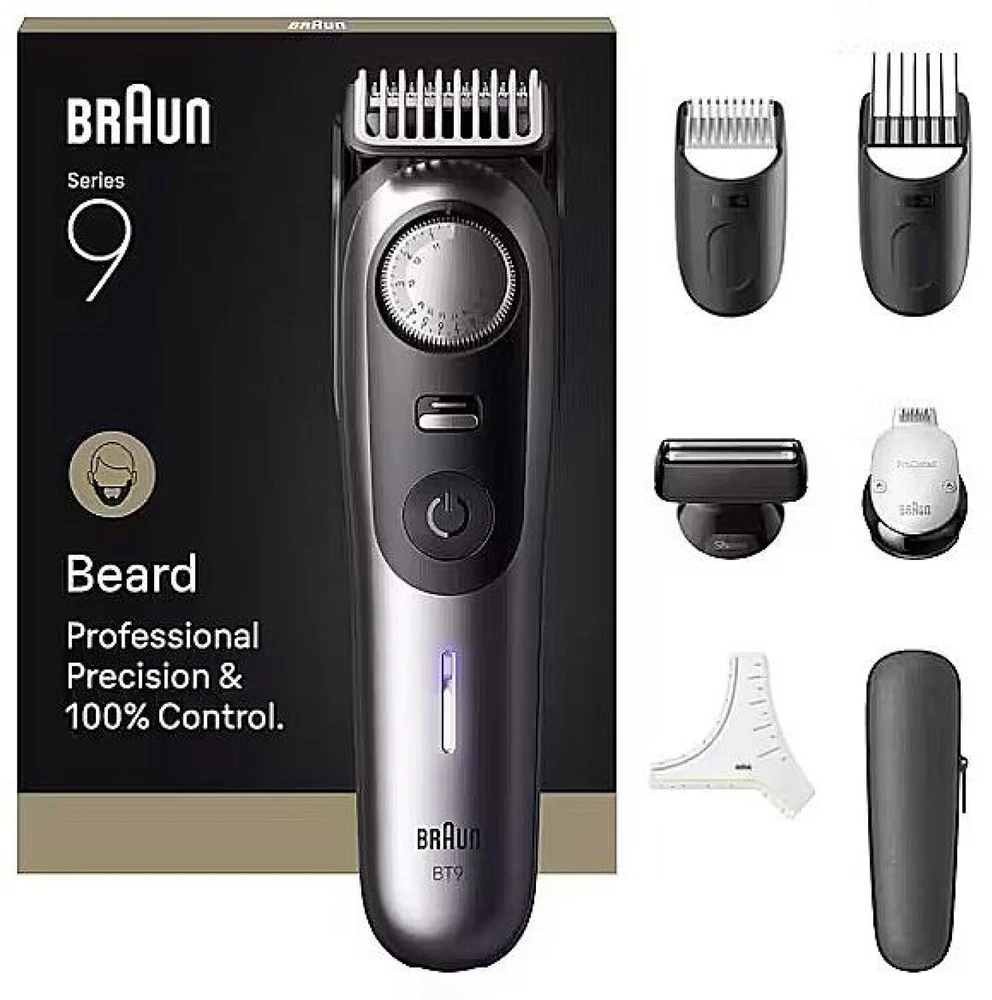 „Braun“ barzdos kirpimo mašinėlė 9 serija, +7 kirpimo įrankiai, BT9520 - matinio chromo spalvos