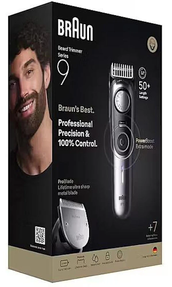„Braun“ barzdos kirpimo mašinėlė 9 serija, +7 kirpimo įrankiai, BT9520 - matinio chromo spalvos