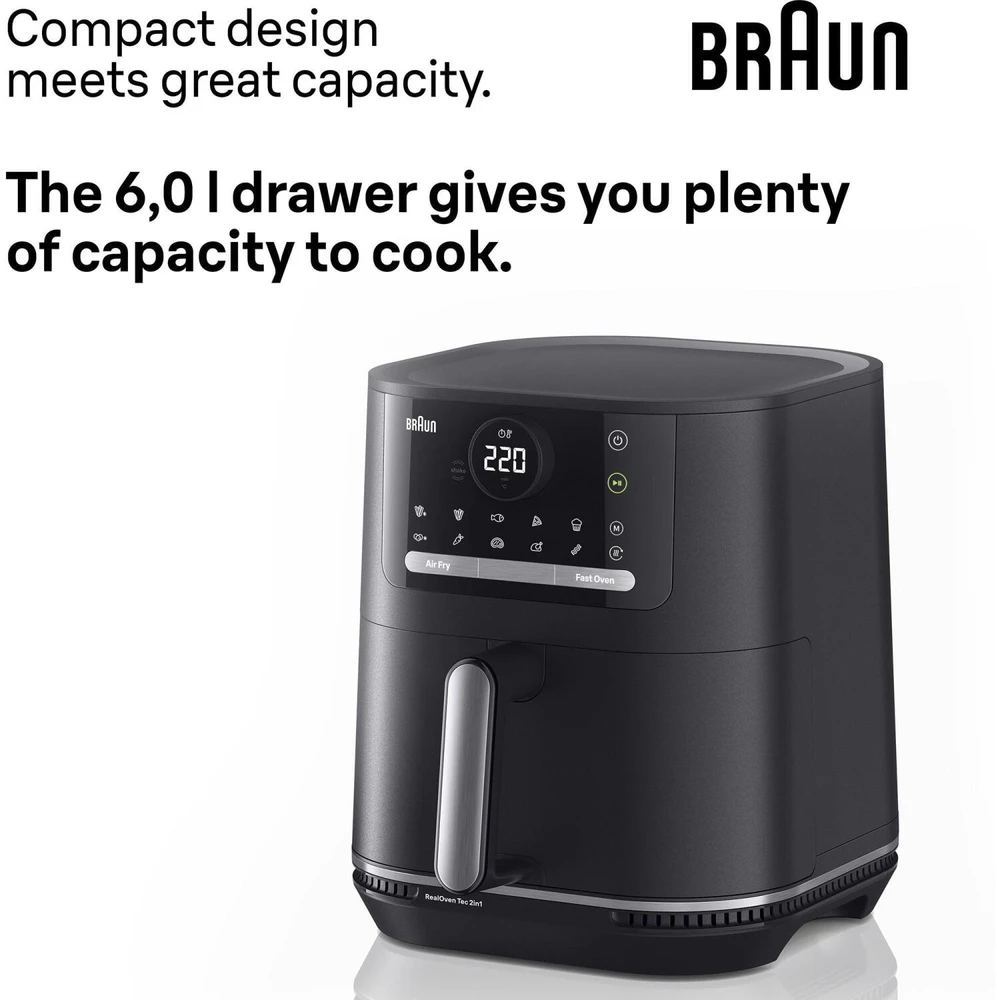 Gruzdintuvė Braun karšto oro fritezė HF 5054I 0X12500023, 2000W, 6L, 1.4kg, 80-220°C, 15 programų, skaitmeninis laikmatis, jutiklinis ekranas