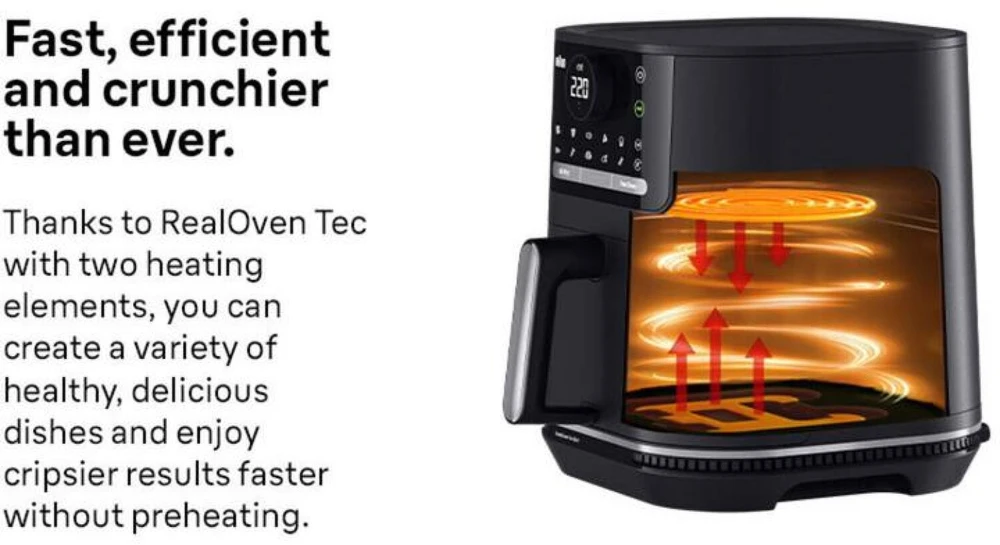 Gruzdintuvė Braun karšto oro fritezė HF 5054I 0X12500023, 2000W, 6L, 1.4kg, 80-220°C, 15 programų, skaitmeninis laikmatis, jutiklinis ekranas