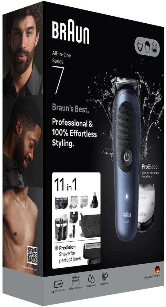 Braun 11in1 priežiūros rinkinys | Viskas viename, 7 serija, AIO7540 | Belaidis | Ilgio pakopų skaičius: 14 | Juodas/Mėlyna