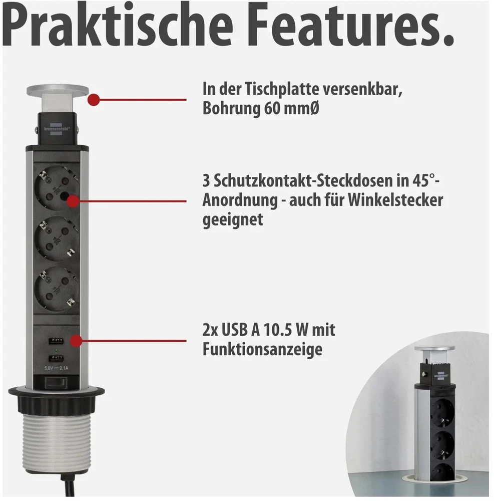 Brennenstuhl Tower Power USB stalinis ilgiklis, 3x CEE 7/4, 2xUSB, sidabrinis / juodas 1396200013 / GT-652