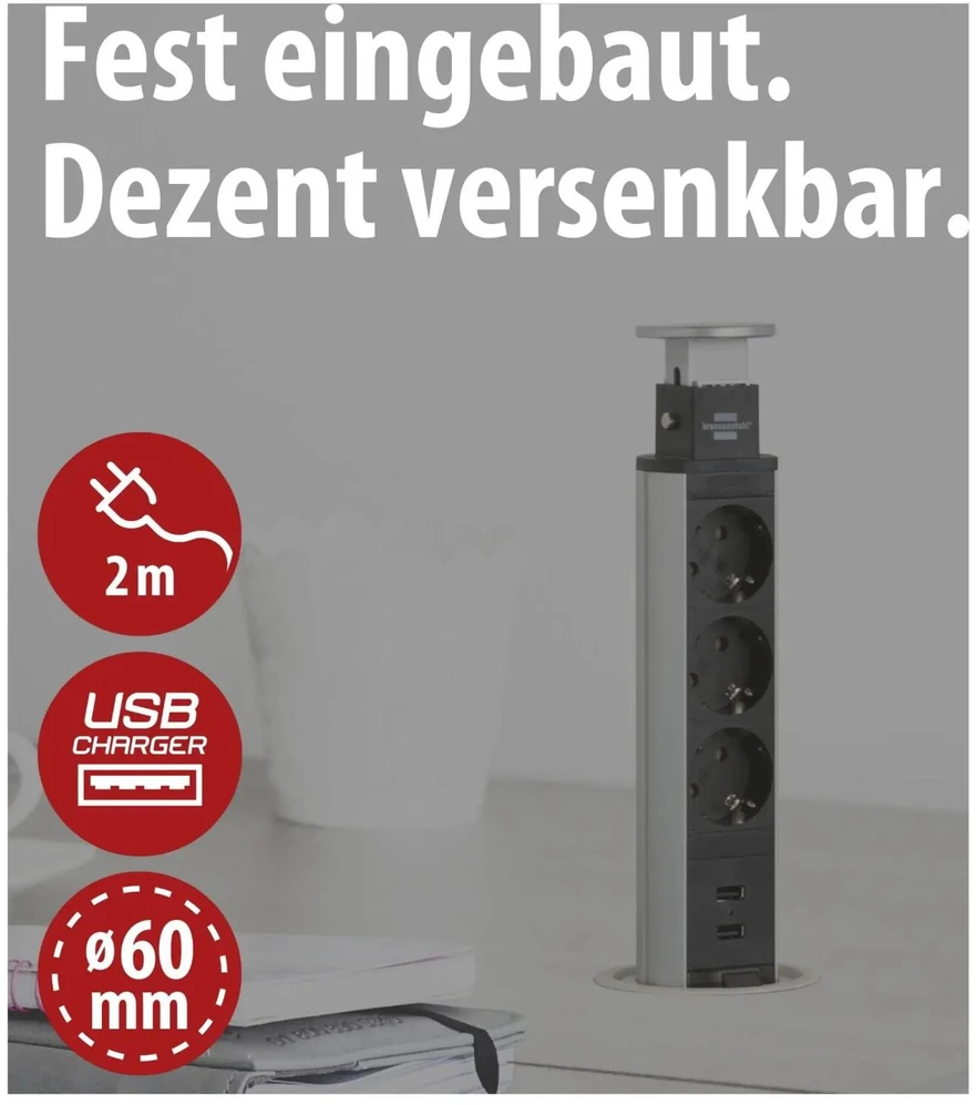 Brennenstuhl Tower Power USB stalinis ilgiklis, 3x CEE 7/4, 2xUSB, sidabrinis / juodas 1396200013 / GT-652