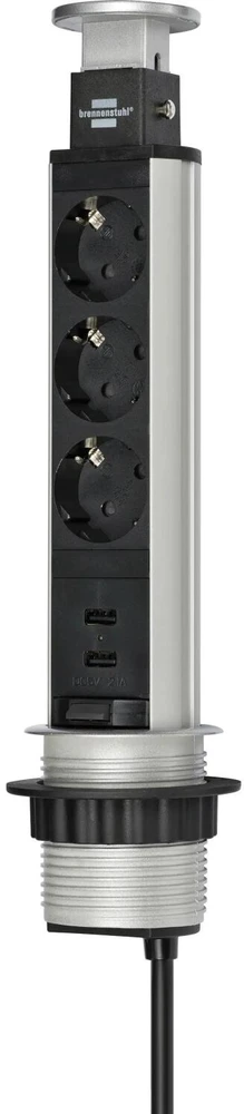 Brennenstuhl Tower Power USB stalinis ilgiklis, 3x CEE 7/4, 2xUSB, sidabrinis / juodas 1396200013 / GT-652