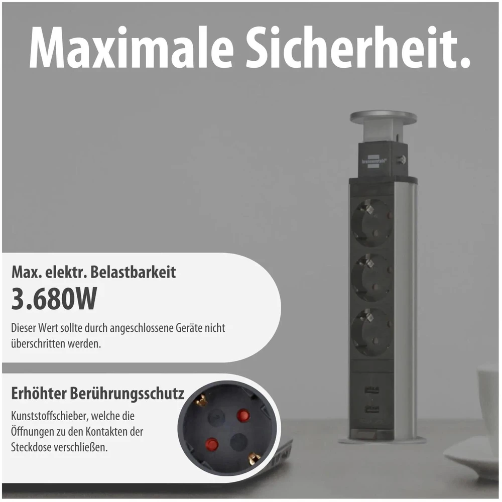 Brennenstuhl Tower Power USB stalinis ilgiklis, 3x CEE 7/4, 2xUSB, sidabrinis / juodas 1396200013 / GT-652