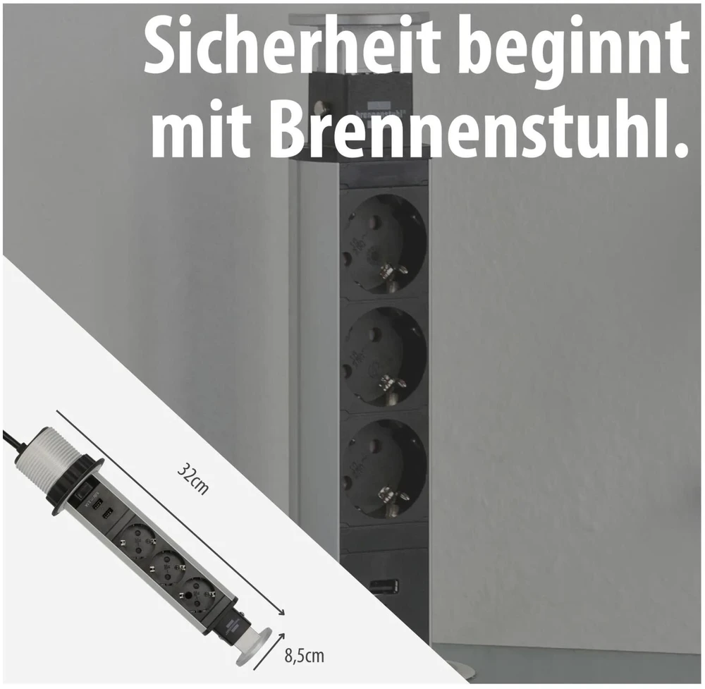 Brennenstuhl Tower Power USB stalinis ilgiklis, 3x CEE 7/4, 2xUSB, sidabrinis / juodas 1396200013 / GT-652